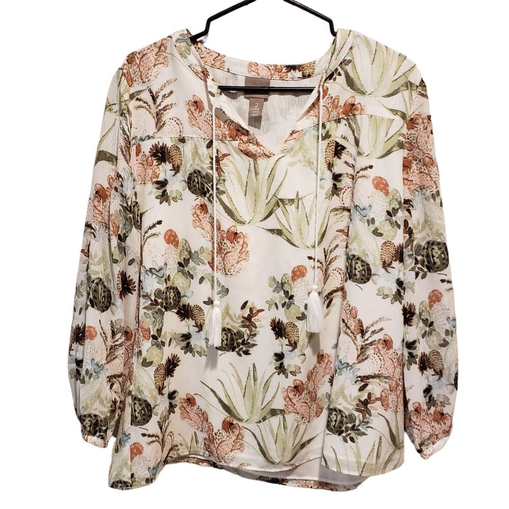 Chicos Blouse Southwest Cactus Long Sleeve Button Bubble pullover Sz 2
